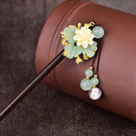 Chinese Japanese Korean Traditional Hair Pin - Green Jade Color Vintage Flower Blossom - Hair Stick Bead Pins Retro Hair Tassel Pearls