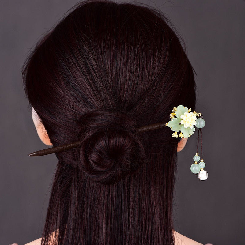 Chinese Japanese Korean Traditional Hair Pin - Green Jade Color Vintage Flower Blossom - Hair Stick Bead Pins Retro Hair Tassel Pearls