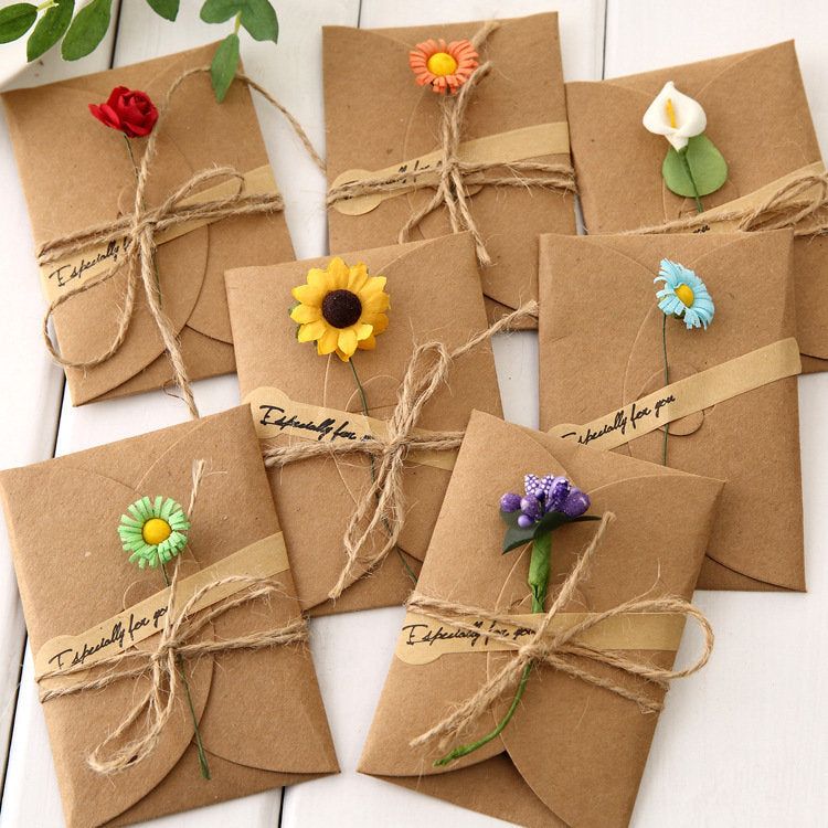 Rustic Kraft Wedding Invitation Envelopes with Flower - Handmade Kraft Stationery - Rose Sunflower - Eco Friendly - Greeting Love Letter