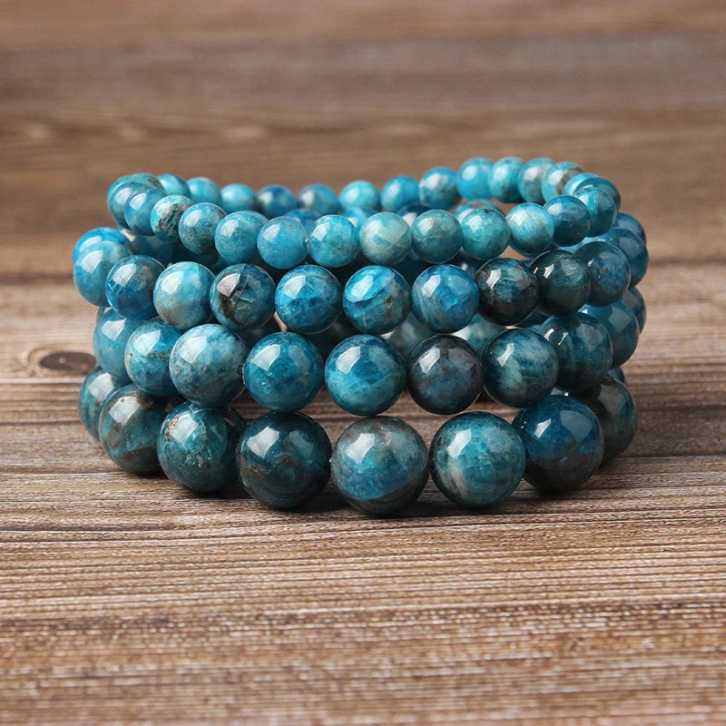 สร้อยข้อมืออะพาไทต์สีน้ำเงินสำหรับผู้ชายผู้หญิง, ลูกปัดหินธรรมชาติ, สร้อยข้อมือสแต็กกิ้ง, หินบำบัด, การจัดการ, แรงจูงใจ, การเติบโตส่วนบุคคล