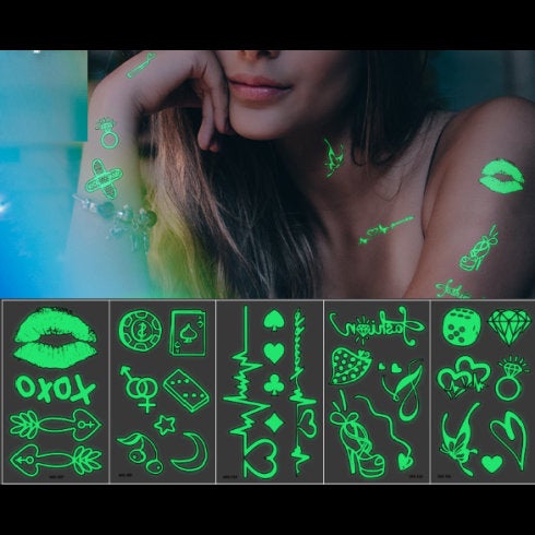 Glow in the Dark Body and Face Stickers, Neon, Glow Party, UV Black Light, Rave Wear, Glow Stickers, Neon Body Art, DJ, Lips, Heart, Flower