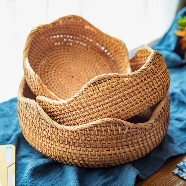 Handwoven Round Wavy Rattan Fruit Bowl |Storage Bowl | Wedding Gift | Breakfast Table Wicker Bowl | Serving Bowl | Dining Table