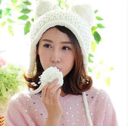 หมวกหูแมวพร้อมพู่, หมวกถักหูแมวน่ารัก, หมวกแมว, หมวกถักหนา, อุปกรณ์ฤดูหนาว, หมวกหูแมว, ของขวัญสำหรับคนรักแมว