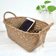 صندوق تخزين من الخيزران مع مقبض - صينية تخزين من الخوص - سلة منسوجة - سلة منظم يدوية الصنع - منظم مكتب مستحضرات التجميل - ديكور منزلي