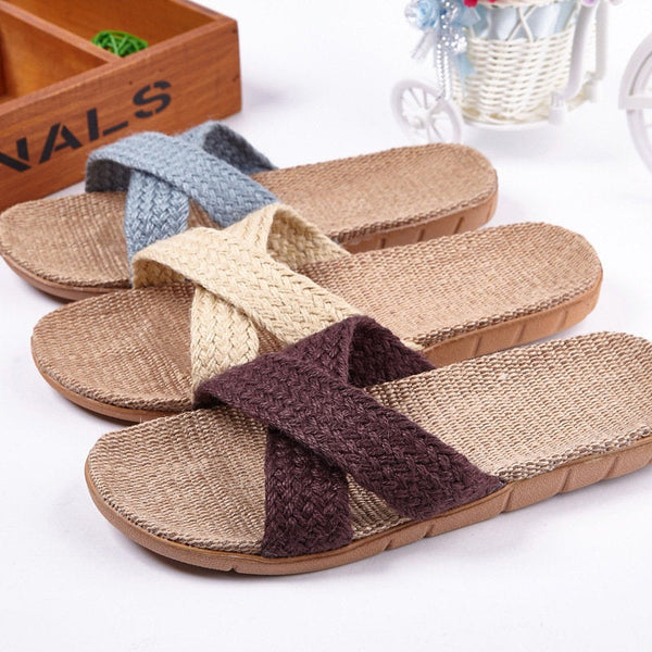 Sandali Intrecciati in Canapa con Cinghie Incrociate - Scarpe Piatte Antiscivolo da Donna con Fori in Paglia - Pantofole di Lino Casual per Spiaggia - Unisex Comode