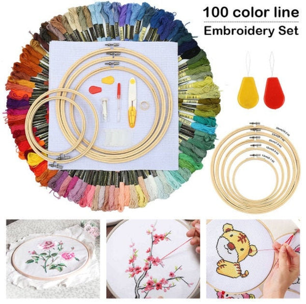 100 Pcs Embroidery Kit for Beginners - Embroidery Thread Set - Full Embroidery Starter Kit - Punch Needles - Floss Set - Hoop Set - Supplies