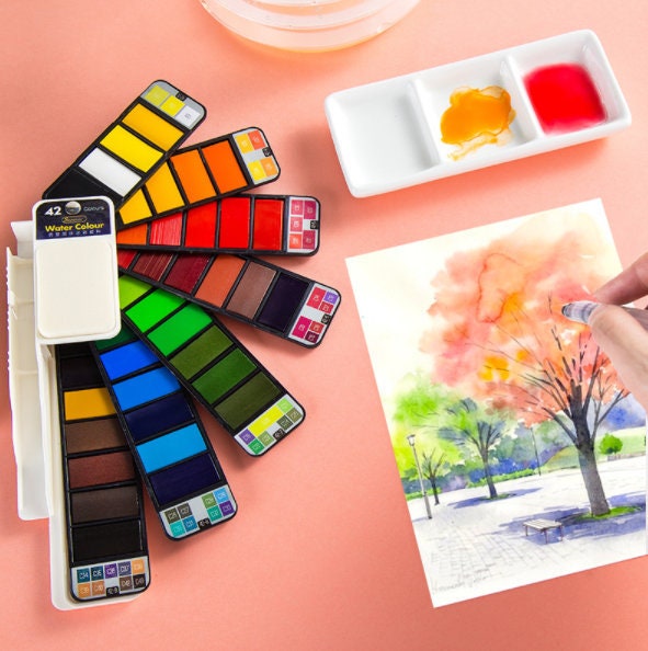 ชุดสีน้ำ - ชุดสีวาดภาพสีน้ำ - อุปกรณ์วาดภาพเดินทาง - จานสีสีน้ำ - ของขวัญสำหรับจิตรกร - ชุดศิลปะอควาเรล
