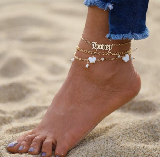 3 Pcs Custom Butterfly Name Anklet Set, Custom Ankle Name Bracelet, Personalized Anklet, Initial Beach Jewelry Gift for Women, Dainty Summer