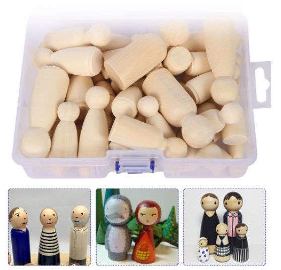 50 Pcs Wooden Peg Dolls - Unfinished Peg People Family - Natural