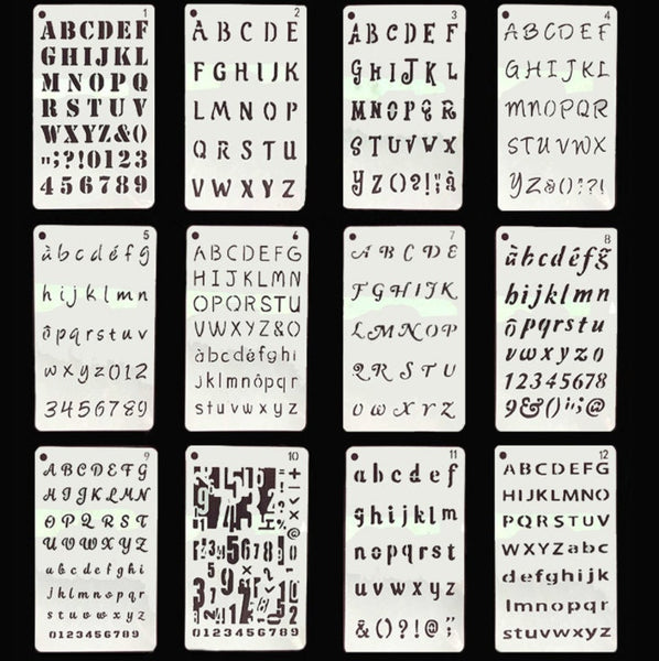 12 šablon písmen pro malování - šablona pro bullet journal - šablony abecedních písmen - kaligrafická šablona - pochoir lettre - šablona pro plánovač