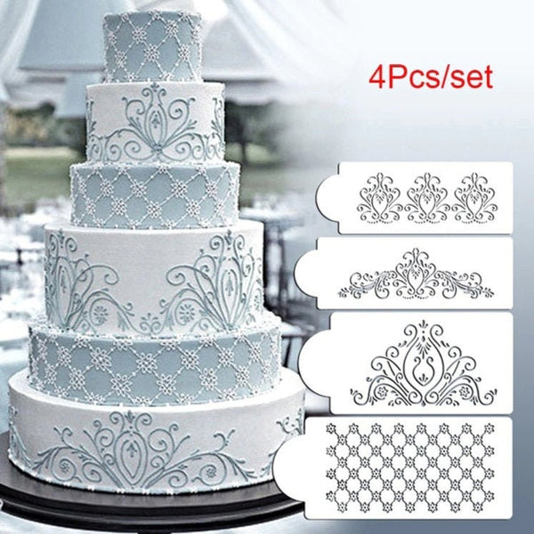 4 Pcs Cake Lace Stencil Craft Decorating Tool Damask Border Side Cupcake Sugarcraft Decoration Mould Baking Supply Princess Queen Birthday