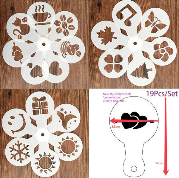 19 Pcs Coffee Stencil Set - Cappuccino Stencil -  Barista Tools - Cappuccino Schablone - Kaffee Schablone - Coffee Making - Coffee Lover