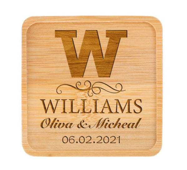 Personalized Coasters, Custom Square Bamboo Coaster, Housewarming Gift, Monogram Coasters, Wedding Coaster, Christmas Gift, Drink Coaster