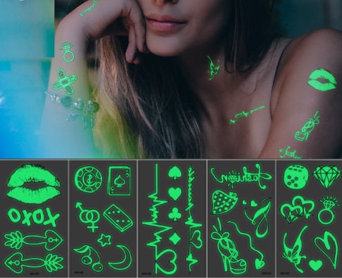 Pelekat Badan Bersinar dalam Gelap - Seni Badan UV - Parti Cahaya Bersinar - Neon Glow DJ - Tatu - Bekalan Parti Rave Kelab Malam - Bibir Bunga Hati