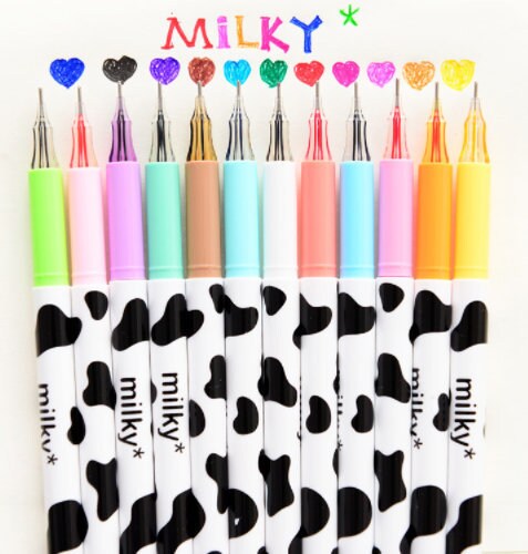 ชุดปากกาสี 12 ชิ้น - ดีไซน์หมึกพาสเทล Milky Cow - ปากกาวาดภาพงานศิลปะ งานฝีมือ - ปากกาคัดลายมือหลายสี อุปกรณ์โรงเรียน