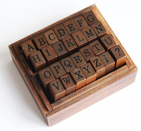 Alphabet & Number Wooden Rubber Diary Stamp Boxed Set - Wood Box Letter Seals Symbols Number Stamps Set - Upper Case Lower Case - Scrapbook