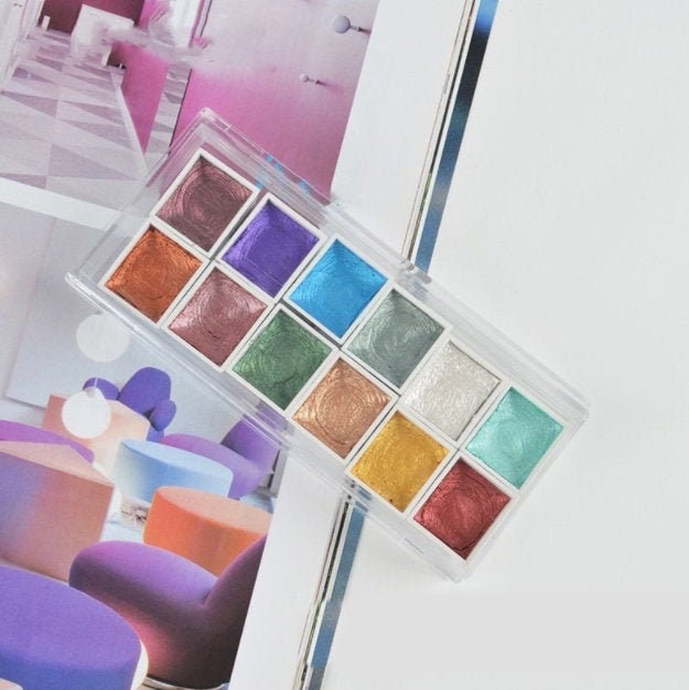 ชุดสีน้ำทึบ 12 สี เนื้อสีมีผิวสัมผัสมุก เมทัลลิก กลิตเตอร์ พกพาสะดวก อุปกรณ์ศิลปะการวาดภาพ พาเลทสีน้ำ