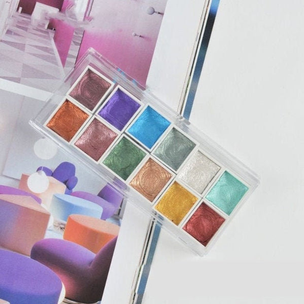 12 Colors Solid Watercolor Paints Set Textured Pearlescent Pigment Metallic Glitter Portable Painting Art Supplies  Pallette d Acuarela Suit