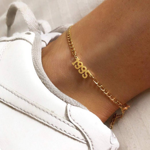 Personalized Birth Year Anklet, Custom Number Anklet For Women Gifts, Stainless Steel Gold Color Leg Bracelet Jewelry, Summer Beach Anklet