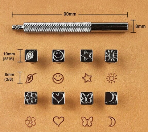 8 Pcs Symbol Stamp Punch Set Leather Craft Metal Steel Punch Tools Leatherworking Leaf Smiley Face Star Sun Moon Flower Heart Butterfly