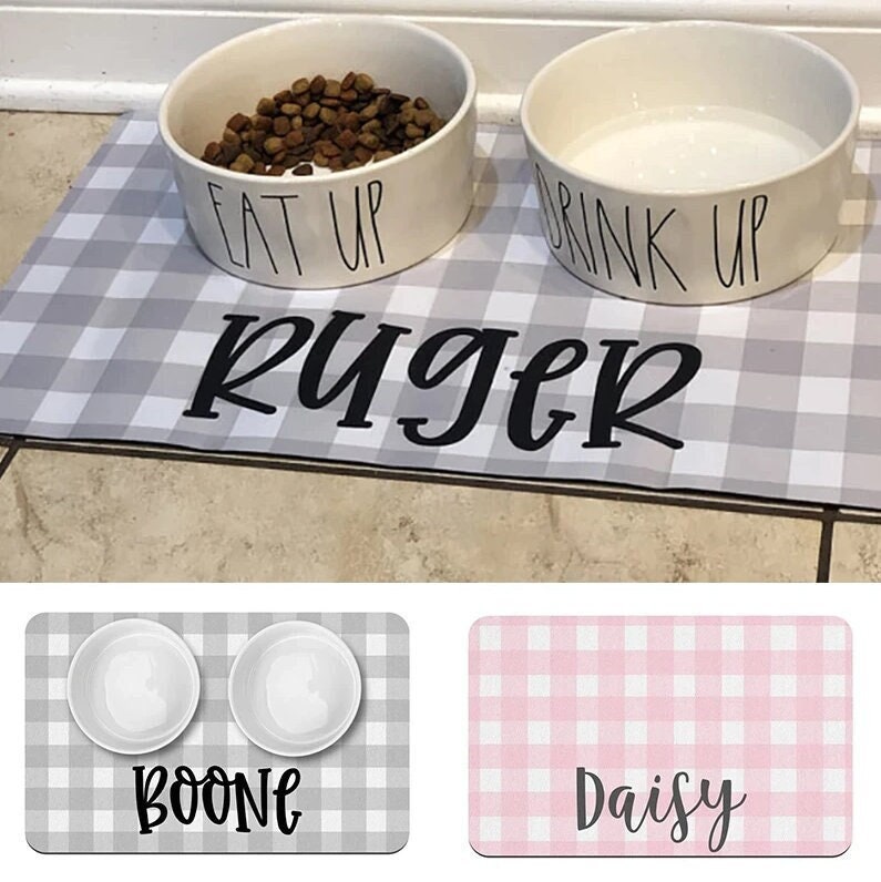 Custom Dog Mat, Pet Feeding Placemat, Personalized Dog Bowl Mat, Pet Food Mat, Puppy Placemat, Neutral Gray Blue Pink Pet Bowl Mat, Dog Lover Gift