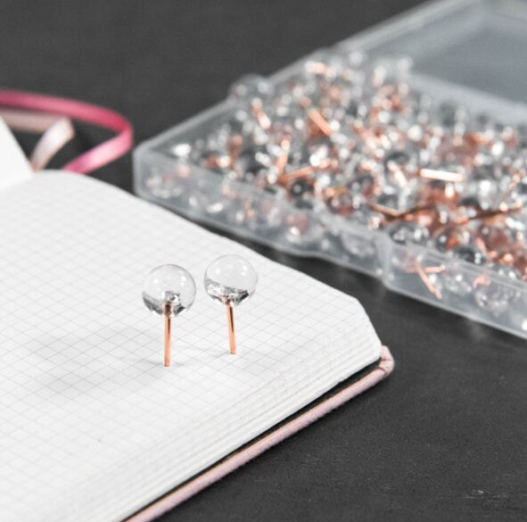 100 Pcs Round Clear Metal Map Tacks Push Pins - Thumbtack - Pushpins -  Kitchen Board Office - World Travel Markers - Rose Gold Map Pins