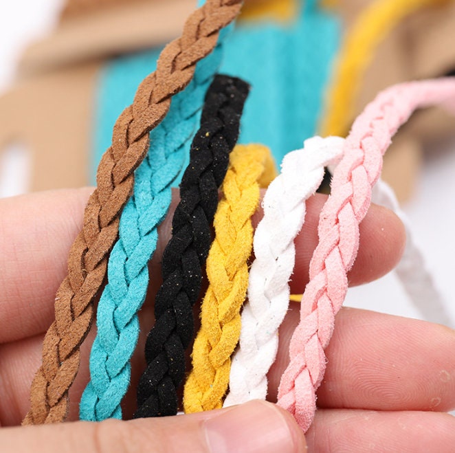 เชือกหนังถักแบน 3 หลา - สีน้ำตาล ดำ ขาว เหลือง ชมพู - ขนาด 5 มม. - อุปกรณ์ทำสร้อยข้อมือ, งานทำเครื่องประดับสำหรับผู้ชาย