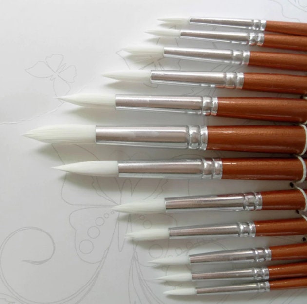 แปรงทาสี 12 ชิ้น - แปรงสีน้ำ - แปรงสีน้ำมัน - แปรงทาสีแบน - อุปกรณ์ศิลปะไม้สำหรับศิลปิน - ขนไนลอนสำหรับรายละเอียด