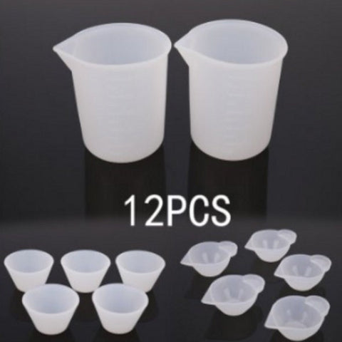 Silicone Measuring Cup Set 12 Pcs - Two 100ml Graduated Mixing Cups - 5 Small Spouted Cups - 5 Mini Size Cups - Flexible Clear Non-Toxic