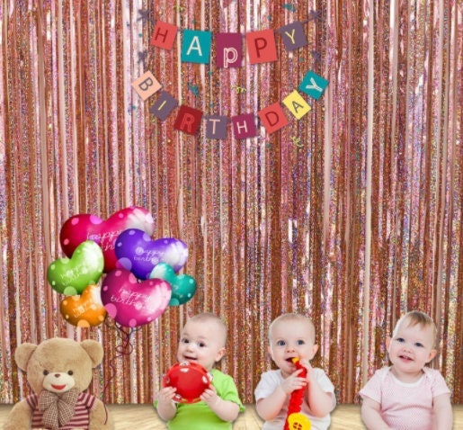 Bachelorette Party Decorations Metallic Rose Gold Fringe Foil Curtain - Set of 2 Bridal Shower Backdrop, Wedding, Birthday Photo Booth