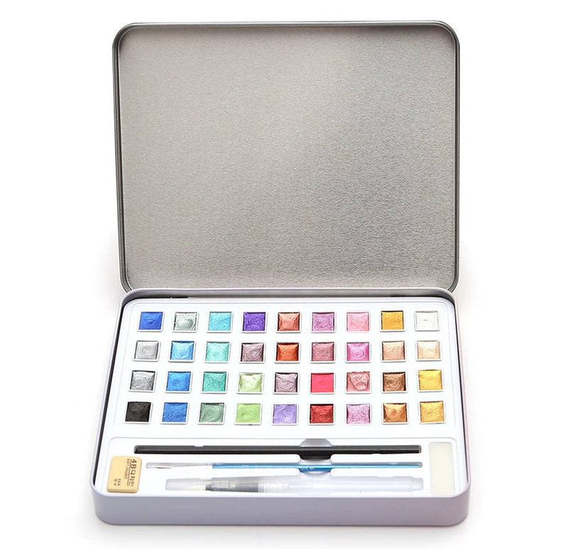 ชุดสีระบายน้ำ 36 สี แบบเนื้อทึบ มีประกายมุกและกลิตเตอร์ | สีเมทัลลิก | อุปกรณ์วาดภาพแบบพกพา | พาเลตต์สีน้ำ | ชุด