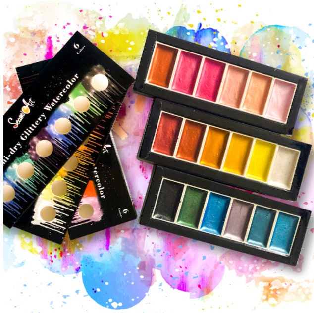 ชุดสีระบายน้ำ 6 สี แบบเนื้อทึบ มีประกายมุกและกลิตเตอร์ | สีเมทัลลิก | อุปกรณ์วาดภาพแบบพกพา | พาเลตต์สีน้ำ