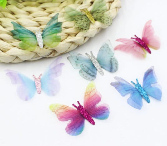 20 pcs Organza 3D Butterfly Double Layer Dreamy Color Lace Applique Patch Assorted For Gown Dress Headdress Jewelry Bridal Accessories Sew