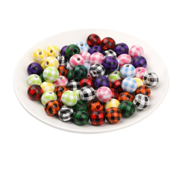 Plaid Paint Wood Round Spacer Beads, DIY Bracelet Necklace, Natural Wood Beads, Wood Round Balls For Jewelry Making, Charms Jewelry Findings