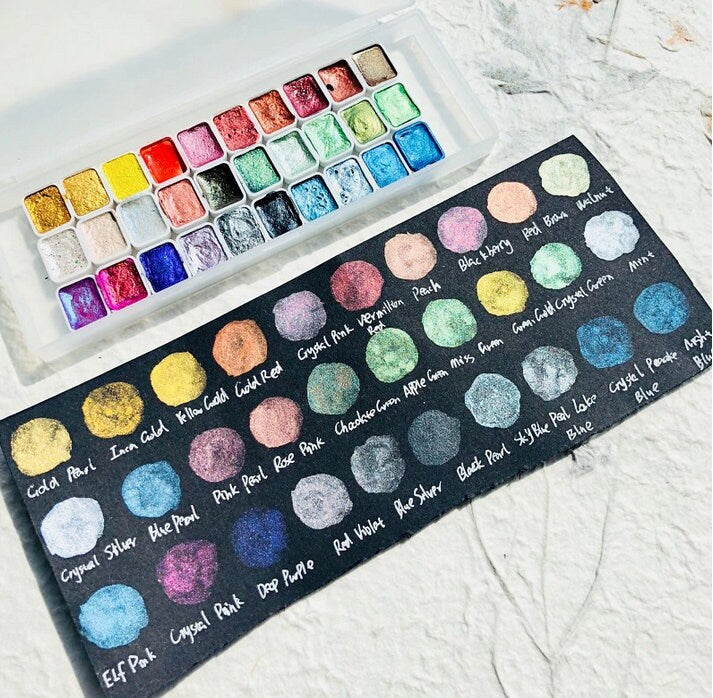 ชุดสีน้ำ 30 สี แบบทึบ สีมุกมีพื้นผิว สีเมทัลลิกกลิตเตอร์ พกพาสะดวก อุปกรณ์วาดภาพ พาเลตต์สีน้ำ