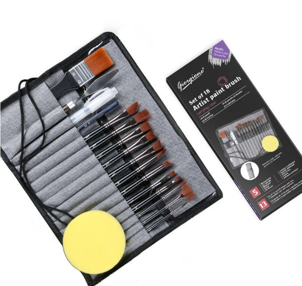 18 Pcs Paint Brushes Set - Watercolor Brushes - Oil Paint Brushes - Flat Painting Brushes - Wooden Art Artist Supplies - Nylon Holder Bag
