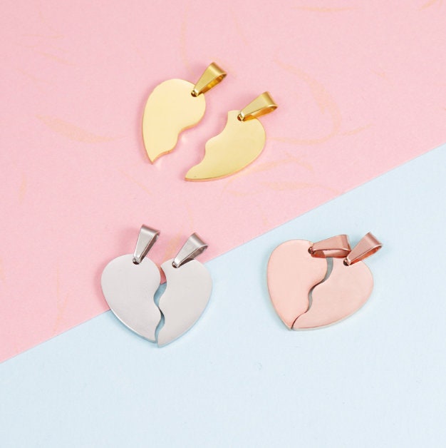 Split Broken Heart Charms, Divided Love Charm, Gold /Rose Gold Steel Heart, Heart Pendant, Love Pendant, Lovers Charms 12.5x20mm
