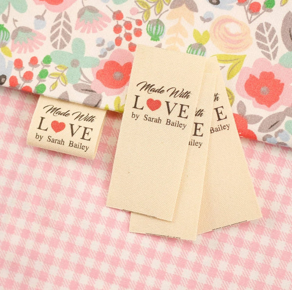 Personalized Clothing Labels -  Cotton Fabric Sew in Labels Sew on Labels Custom Cloth Tags for Clothes Fold Over Labels Made with Love