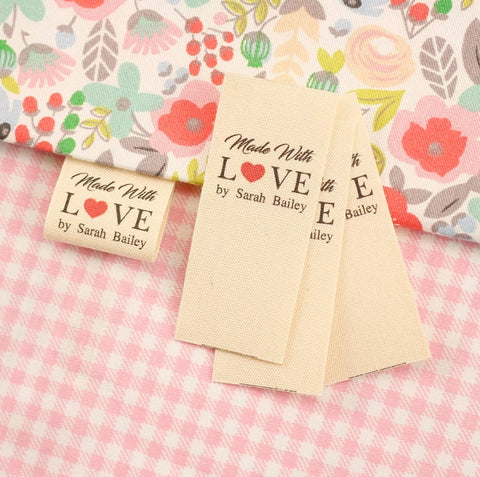 Personalized Clothing Labels -  Cotton Fabric Sew in Labels Sew on Labels Custom Cloth Tags for Clothes Fold Over Labels Made with Love