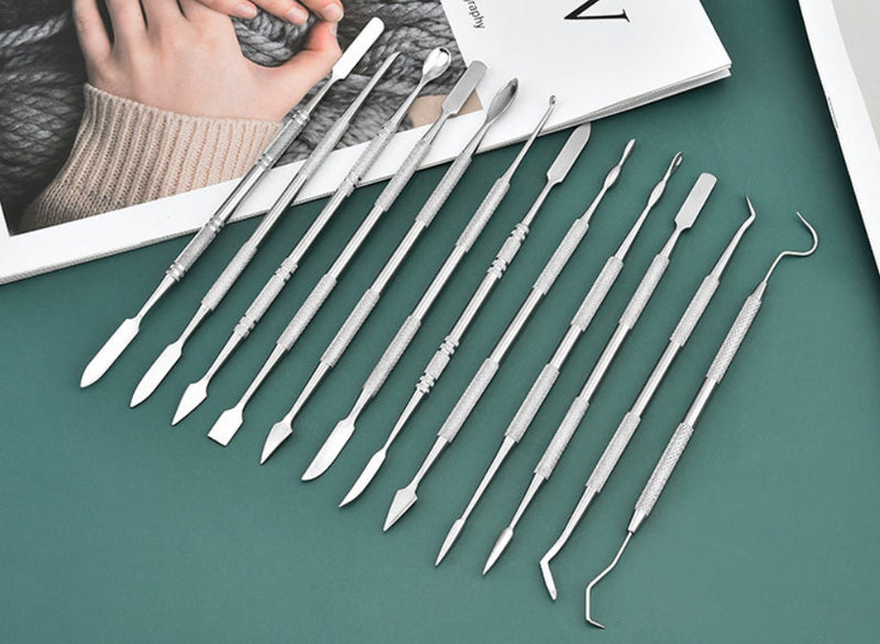 เครื่องมือแกะสลักดินเหนียว - การปั้นขี้ผึ้งเซรามิก - ชุดพายแกะสลัก 12 ชิ้น - งานอดิเรกงานศิลปะสบู่ - เครื่องมือแกะสลักขี้ผึ้งปลายคู่สแตนเลส