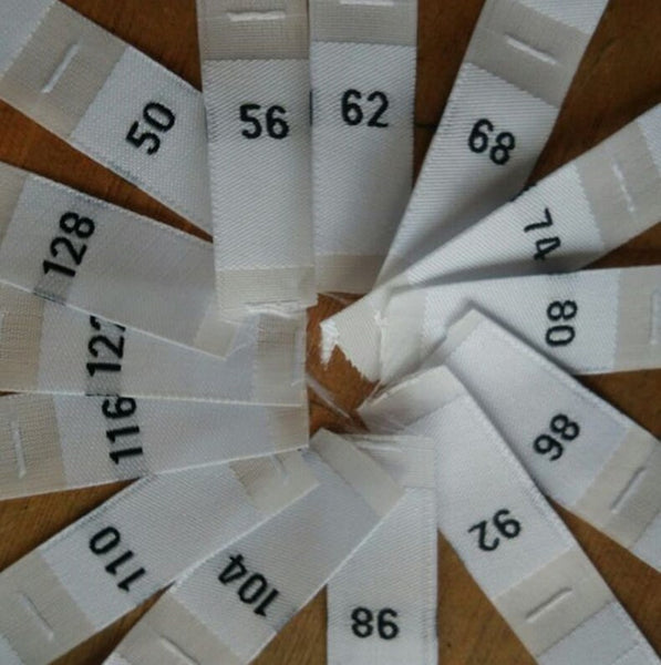 50 White Clothing Size Labels - Number Woven Size Tag - T-Shirt Size Tabs - Folded Labels - 50 56 62 68 74 80 86 92 98 104 110 116 122 128