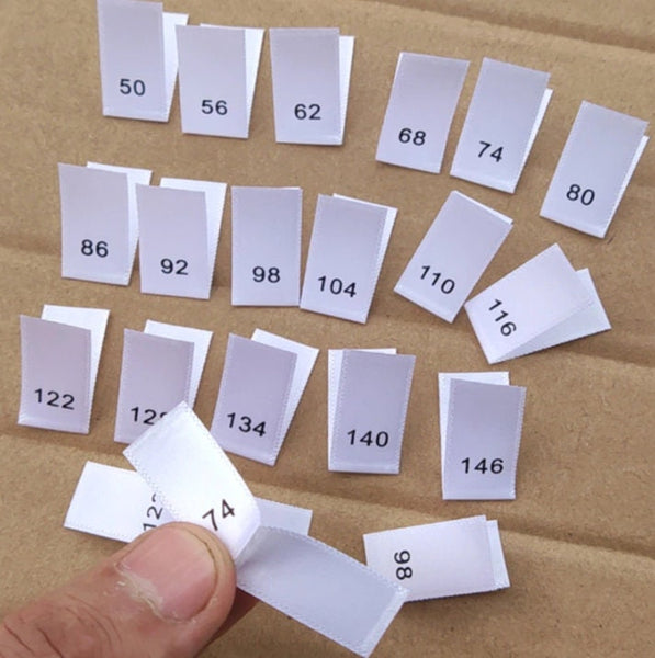 50 White Satin Clothing Size Labels - Number Woven Size Tag - T-Shirt Size Tabs - Folded Labels - 50 56 62 68 74 80 86 92 98 104 110 116 122