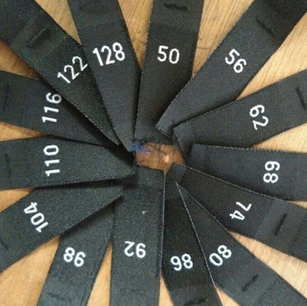 50 Black Polyester Clothing Size Labels - Number Woven Size Tag - T-Shirt Size Tabs - Folded Labels - 50 56 62 68 74 80 86 92 98 104 110 116