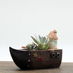 Lawn & Patio - LightningStore Cute Brown Grey Gray Ship Boat House Succulent Plants Pot Microlandschaft Personalized Office House Balcony Landscape Pot Creative Decorative Flower Pots + Mini Figures Set Bundle