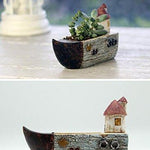 Lawn & Patio - LightningStore Cute Brown Grey Gray Ship Boat House Succulent Plants Pot Microlandschaft Personalized Office House Balcony Landscape Pot Creative Decorative Flower Pots + Mini Figures Set Bundle