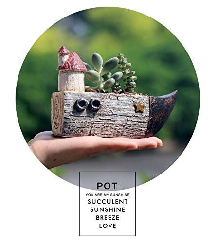 Lawn & Patio - LightningStore Cute Brown Grey Gray Ship Boat House Succulent Plants Pot Microlandschaft Personalized Office House Balcony Landscape Pot Creative Decorative Flower Pots + Mini Figures Set Bundle