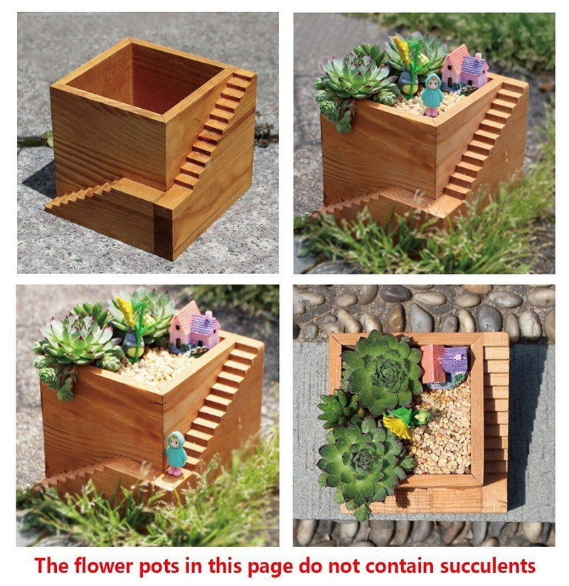 Lawn & Patio - LightningStore Wooden Square Staircase Succulent Plants Pot Microlandschaft Personalized Office House Balcony Landscape Pot Creative Decorative Flower Pots
