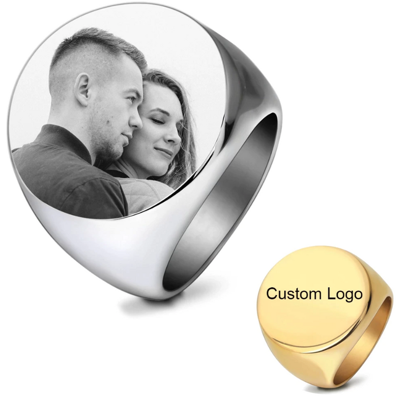 Personalized Ring - Engraved Photo Ring - Custom Signet Ring Name Ring for Men Women - Design Your Own Ring