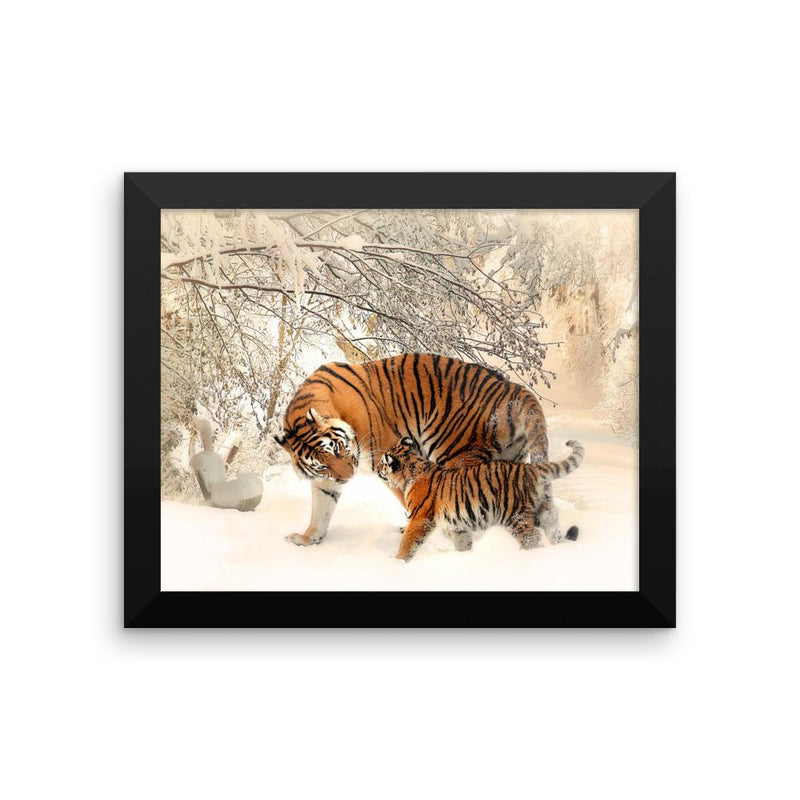 Tiger And Baby Cub In Snow Framed Photo Poster Wall Art Decoration Decor For Bedroom Living Room