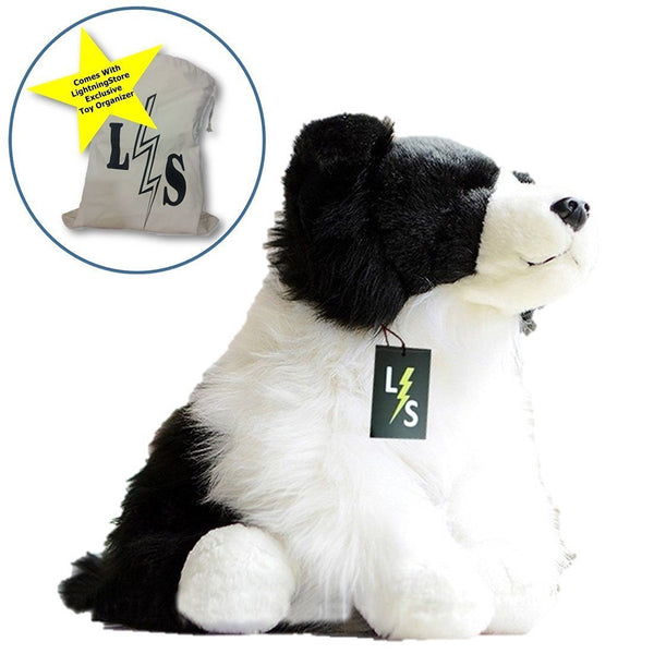 Toy - LightningStore Adorable Cute Black And White Border Collie Puppy Dog Doll Realistic Looking Stuffed Animal Plush Toys Plushie Children's Gifts Animals + Toy Organizer Bag Bundle